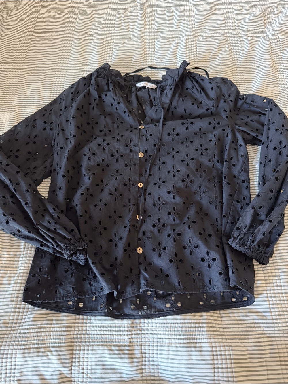 Nine West Black Eyelet Button-Front Blouse